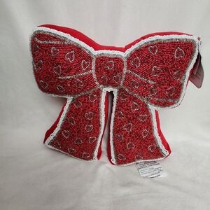 Red Beaded Bow Pillow 15" Inches Wide